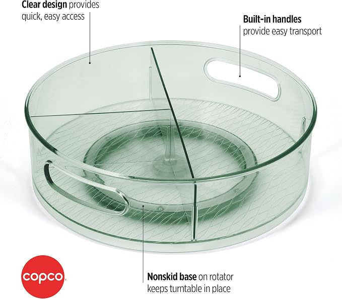 Copco Lazy Susan Turntable Organizer 12 Inch with Removable Dividers - Rotating Cabinet Organizer for Pantry, Kitchen, Closet, Under Sink - Tinted Green