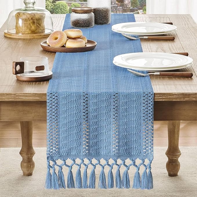 Niviy Boho Table Runner for Blue Tassel Home Decor 108 Inches Long, Modern Farmhouse Decor Rustic Macrame Cotton Linen Woven Coffee Table Runners for Dining Table Decoration, Blue