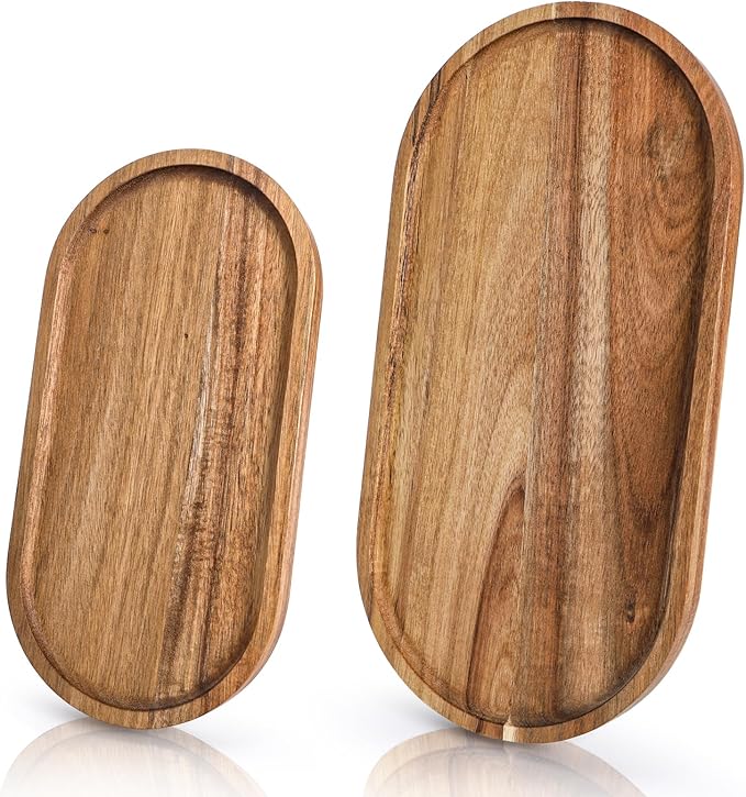 Elsjoy Set of 2 Acacia Wood Serving Trays, Long Wooden Serving Platter Oval Charcuterie Board Set for Home Decor, Fruit, Cheese, 𝟏𝟒" 𝐱𝟕" 𝐚𝐧𝐝 𝟏𝟏" 𝐱𝟓.𝟓"