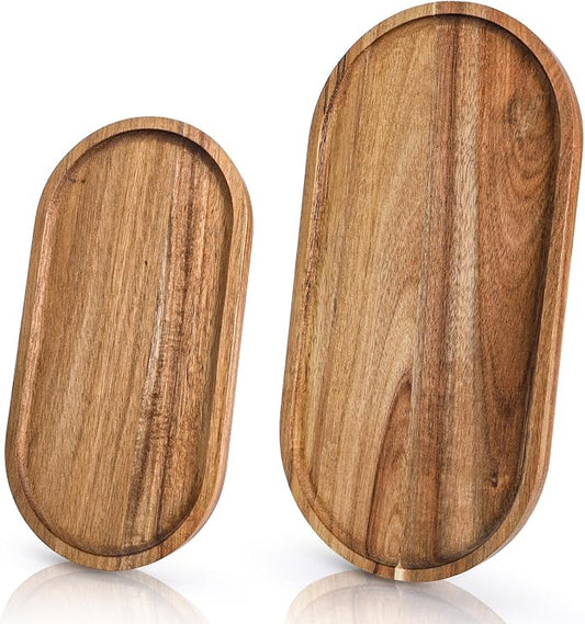 Elsjoy Set of 2 Acacia Wood Serving Trays, Long Wooden Serving Platter Oval Charcuterie Board Set for Home Decor, Fruit, Cheese, 𝟏𝟒" 𝐱𝟕" 𝐚𝐧𝐝 𝟏𝟏" 𝐱𝟓.𝟓"