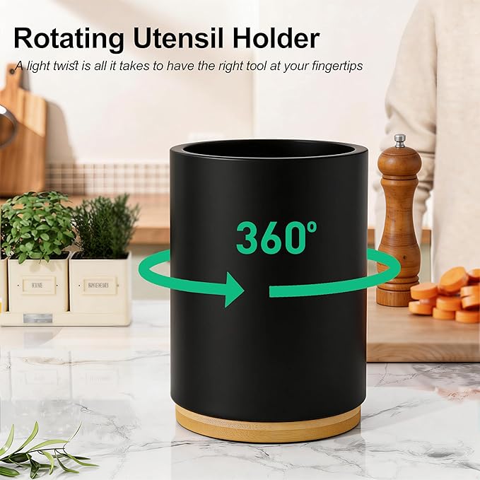 ZUJJAFY Black Utensil Holder, 360° Rotating Kitchen Utensil Holder for Counter, 7.2" Large Cooking Utensil Crock for Countertop, Bamboo Utensils Organizer for Cooking Spatula Storage