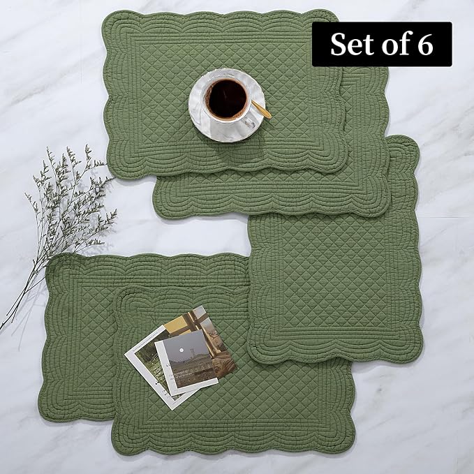 HOMBYS Quilted Placemats Set of 6 Washable-13x18 inches Rectangular Placemats for Kitchen Table-100% Cotton Fabric Rectangular Table Mats, (Emerald Green)