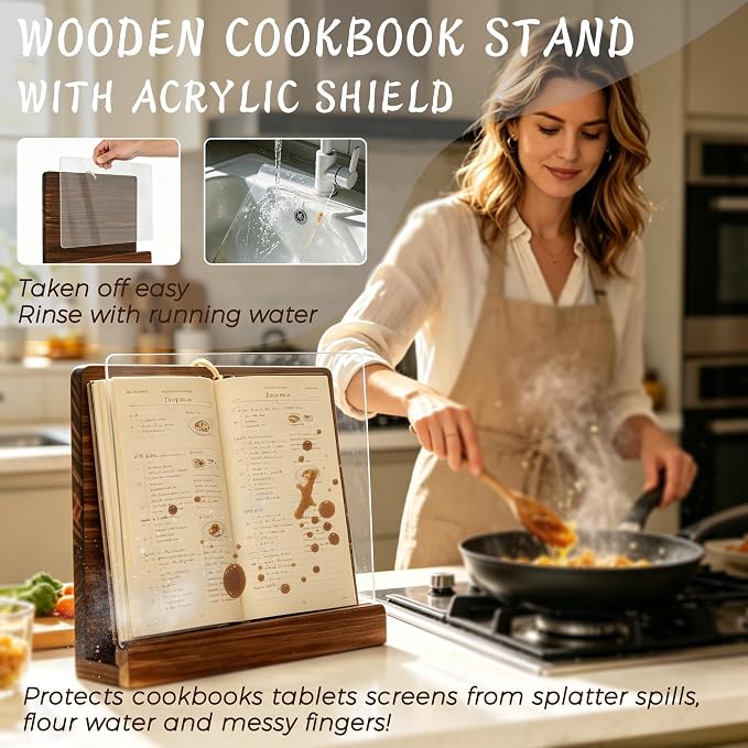 Cookbook Stand for Kitchen Counter, Acrylic Shield Recipe Book Holder, Wooden Cookbook Holder,Adjustable Easily Keep Books Open for Convenient Cooking, iPads Tablets, Retro Kitchen Decor Rustic Brown