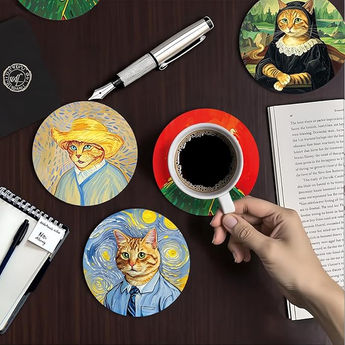 zcyhtqp, Funny Absorbent Round Ceramic Stone Coasters Set of 4 with Cork Base, Art Painting Style Beverage Coasters, Gifts for Home, Kitchen, Bar, Coffee Table, Office Table Décor