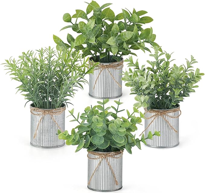 Mkono 4 Packs Small Fake Plants in Farmhouse Galvanized Pots Table Centerpiece Mini Potted Artificial Plants Faux Eucalyptus for Shelf Office Rustic Home Decor (Gray, Small-7.5" H)