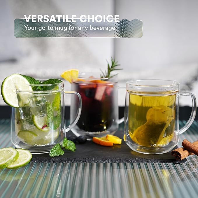 ovalware 500ml Double Wall Glass Coffee Mugs, Single Lip Mugs Made of Durable Borosilicate Glass, Insulated Coffee Mug with Handle for Hot and Cold Drinks - Clear