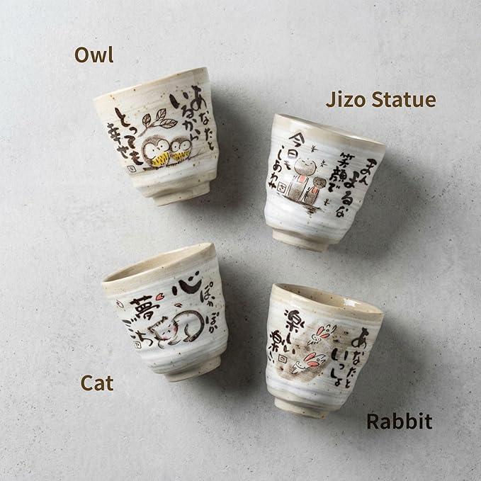 Mino Yaki(Ware) ceramic Handmade Japanese Tea Cups Yunomi Tea cup Mug, Japanese Poem Jizo Statue Design Gray, 6.4 fl. oz Set of 2, Sake,Matcha Green Tea,