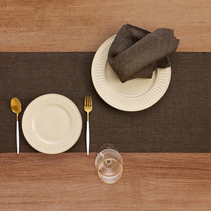 Solino Home Linen Chambray Brown Table Runner 132 Inches Long - Athena, 100% Pure Linen Dining Table Runner 14 x 132 Inch - Handcrafted and Machine Washable