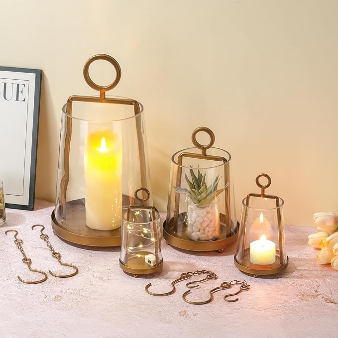 6" Wide Modern Farmhouse Metal Hurricane Candle Holder with Handmade Sturdy Glass Sleeve in Antique Brass for Pillar Candle & Plants, Glass Hurricane Lantern, Industrial, Minimalistic