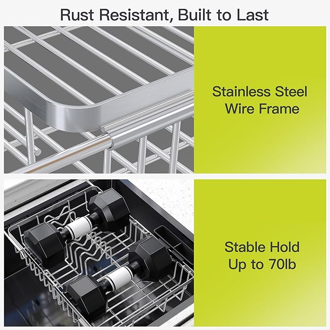 JASIWAY Expandable Stainless Steel Dish Drying Rack Over The Sink For Small Kitchen, Counter Space Saving Compact Plate Drainer Strainer, Adjustable Hanging Metal Dish Dryer Holder with Utensil Holder