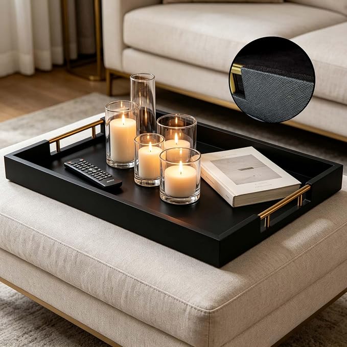 16×20 Inches Black Faux Leather Coffee Serving Tray Decorative Ottoman Trays with Gold Metal Handles Decor for Living Room Rectangle Large Bed Breakfast Organizer for All Occasions Multipurpose Using