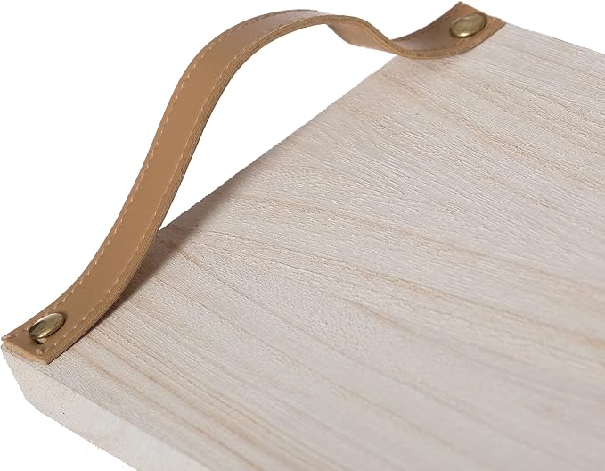 Decorative Acacia Wood Rectangular Serving Tray with Brown Leather Handles, Wooden Ottoman Tray for Living Room, Large Wood Tray for Coffee Table, Kitchen Counter, Couch
