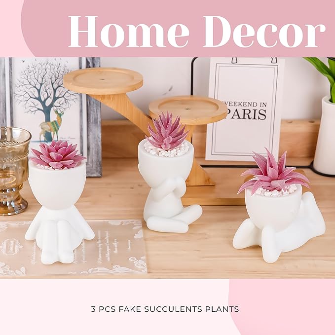 Der Rose 3 Pcs Fake Succulents Plants Artificial Pink Room Office Desk Decor for Women