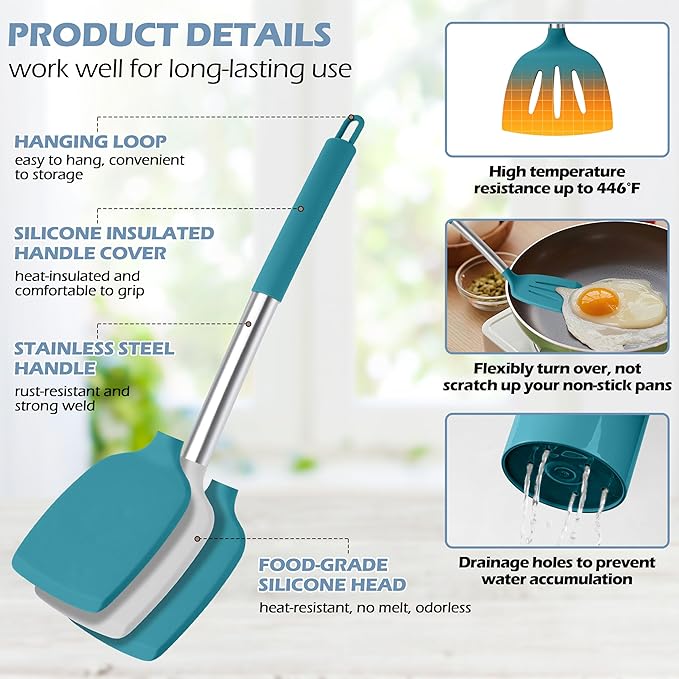 HaWare 29 PCS Silicone Cooking Utensils Set, Heat Resistant Kitchen Utensils Set with Stainless Steel Handle, Spatula Sets with Holder and Hooks, Kitchen Tools Gadgets for Nonstick Cookware -Blue