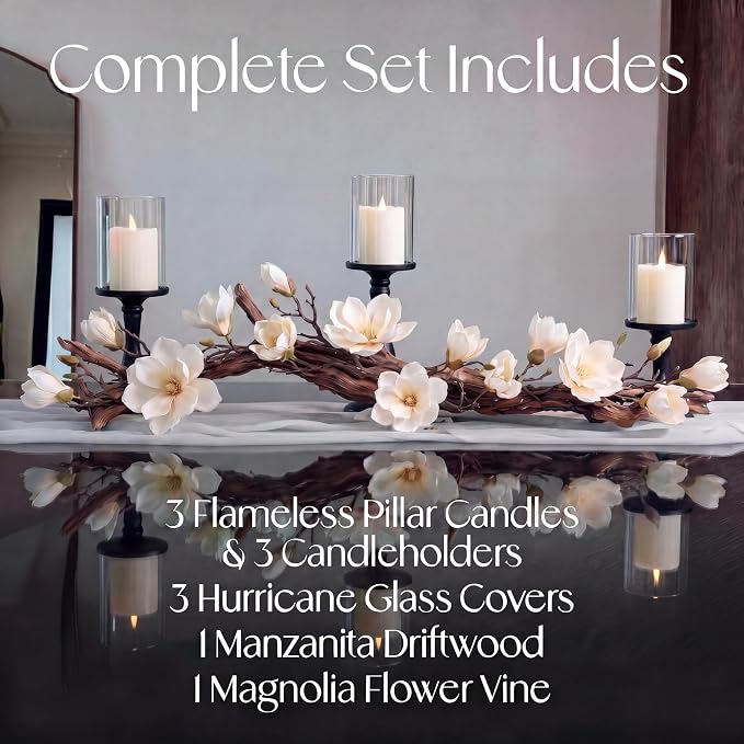 Modern Dining Table Centerpiece, Magnolia Driftwood Candle Holder Set Black