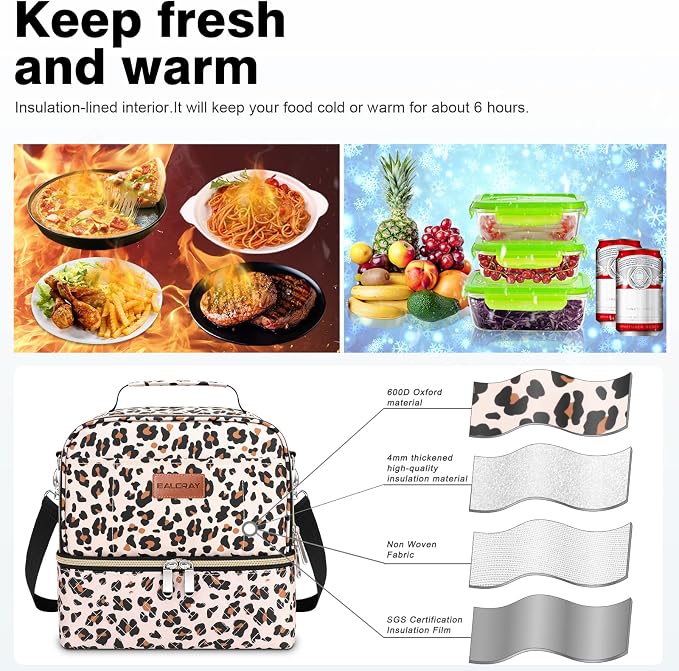 BALORAY Lunch Bag for Women Men Insulated Lunch Box for Adult Reusable Lunch Tote Bag for Work, Picnic or Travel (Khaki Leopard with Strap,L)