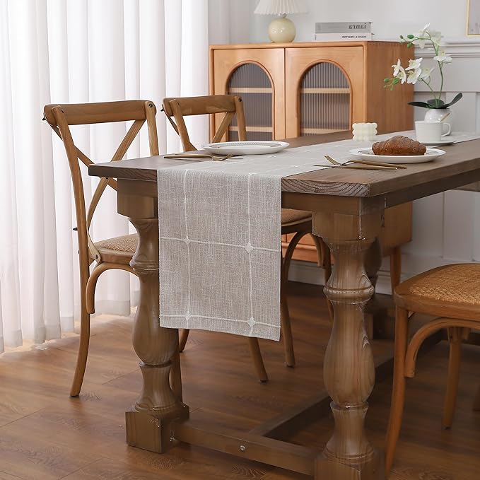 Gernaice Boho Table Runner, Modern Plaid Cotton Linen Farmhouse Table Runners for Dresser Dining Living Room Bedroom Home Decor, 60" L X 13" W Brown