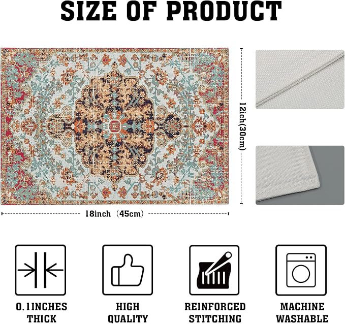 Ethnic Boho Placemats Set of 4 Bohemian Carpet Vintage Black Coral Floral Linen Washable Kitchen Dining Table Mats Stain Heat-Resistant Desktop Decor Place for Home Party Indoor 12x18 in