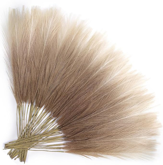TORONTOKYO Brown Pampas Grass Decor, 50Pcs 21.6 inch Artificial Faux Brown Pompas Grass Small Short Fluffy Arrangement for Wedding Boho Home Decor Vase Filler