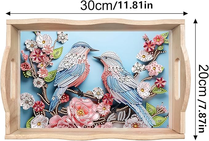 BAYUNOE 2Pcs DIY Diamond Serving Tray Rectangular Breakfast Tray with Handle Handmade Diamond Art Painting Wooden Tray Spring Creative Dinner Plate Coffee Room Living Home Organizer-04
