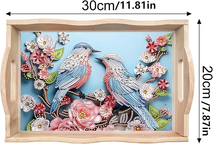 BAYUNOE DIY Diamond Serving Tray Rectangular Breakfast Tray with Handle Handmade Diamond Art Painting Wooden Tray Spring Creative Dinner Plate Coffee Room Living Home Organizer-Bird Flower