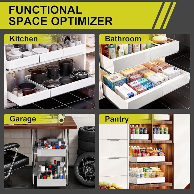 2-Pack Expandable Pull Out Cabinet Organizer 21" Deep with 3 Slide Rails, Adjustable Width (12"-22") Drawer Organizer for Kitchen Pantry Base Cabinets, Fixed with Roll Out Shelves Adhesive, White