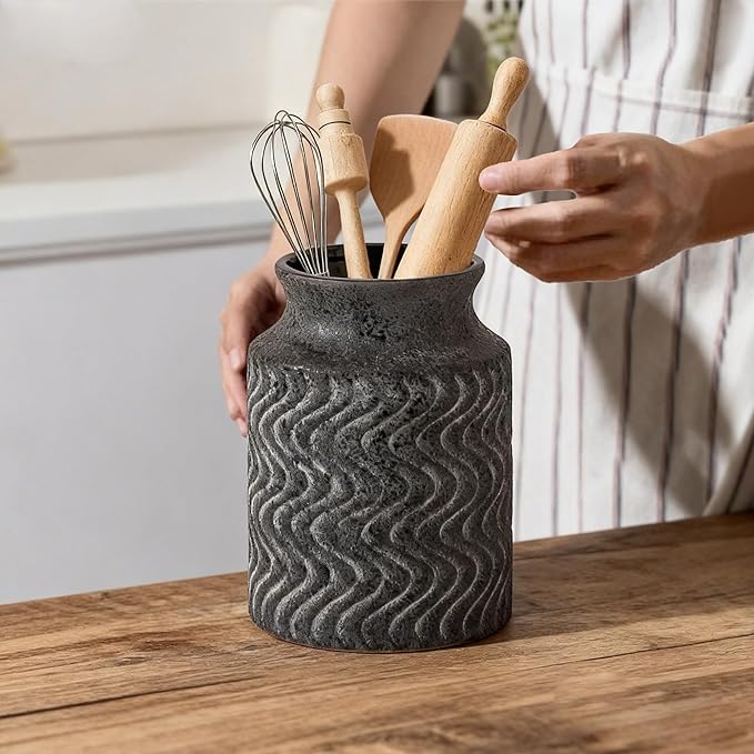 Farmhouse Ceramic Farmhouse Kitchen Utensil Holder for Countertop, Rustic Cooking Utensil Holder Crock Fit for Kitchen Counter