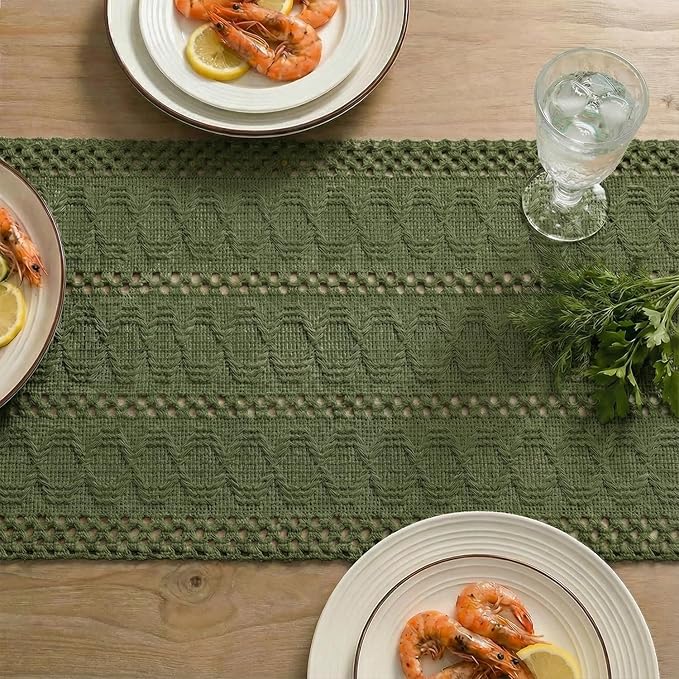 Artoid Mode Army Green Farmhouse Woven Rustic Hollow Table Runner, Seasonal Holiday Hollow Kitchen Dining Table Decoration for Home Party Decor 12x90 Inch