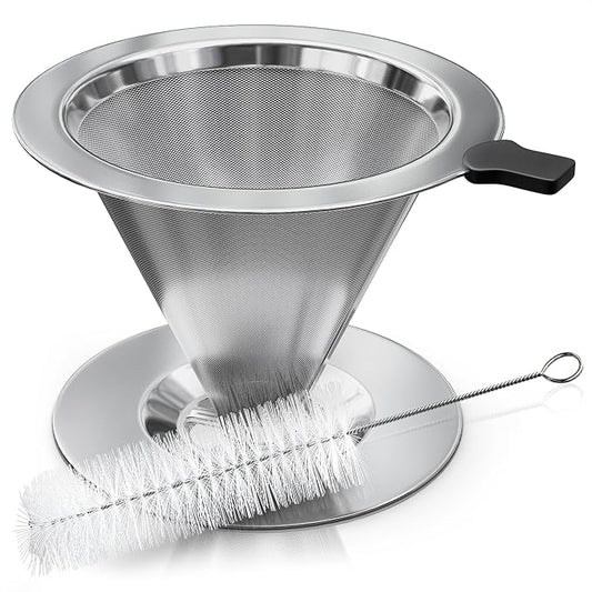 Stainless Steel Pour Over Coffee Maker With Cleaning Brush & Non-Slip Silicone Handle - 2 Cups Capacity 600 Mesh Stainless Steel Pour Over Coffee Dripper With Secure Wide Base, Clean Flavor Paperless
