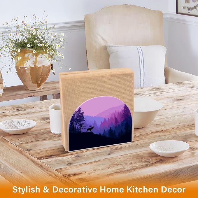 Napkin Holder Acrylic Cocktail Napkin Holder for Table Kitchen Party Restaurant Bar U Shaped Upright Napkin Dispenser Organizer Purple Stag Mountains and Forest