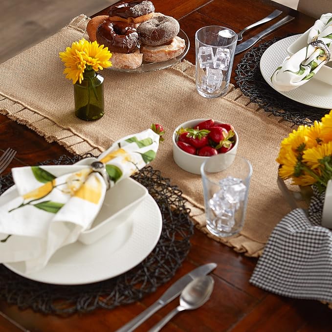 DII Jute Burlap Collection Kitchen Tabletop, Table Runner, 14x108, Ruffle Trim Natural