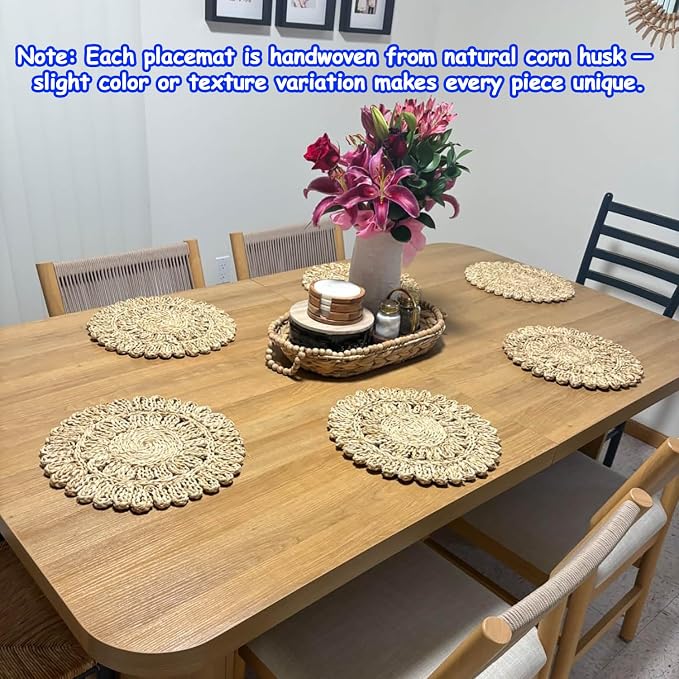 13.8" Set 4 Round Corn Husk Placemats | Boho Woven Rattan Table Mats | Natural Spring Farmhouse Plate Chargers | Handmade Rustic Wicker Place Mats for Christmas Wedding