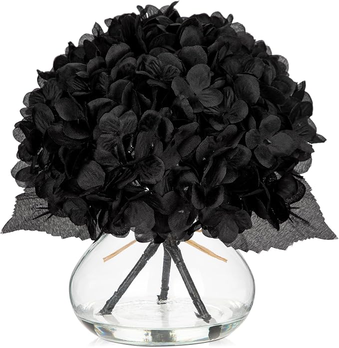 Hollyone Hydrangea Fall Flowers Artificial for Decoration with Glass Vase Black Silk Faux Flowers Arrangements in Vase with Faux Water Fake Floral Bouquet Table Centerpiece Halloween Home Decor
