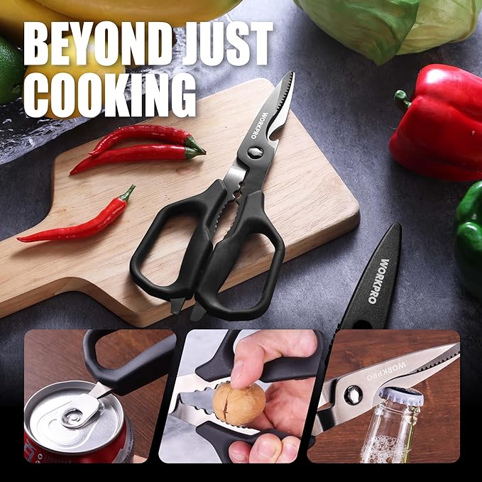 WORKPRO Kitchen Scissors, All Purpose Kitchen Shears with Detachable Stainless Steel Blades, Titanium Coated for Easy Cleaning, Heavy Duty for Meat, Fish, Nuts, Vegetables, Protective Cover Included