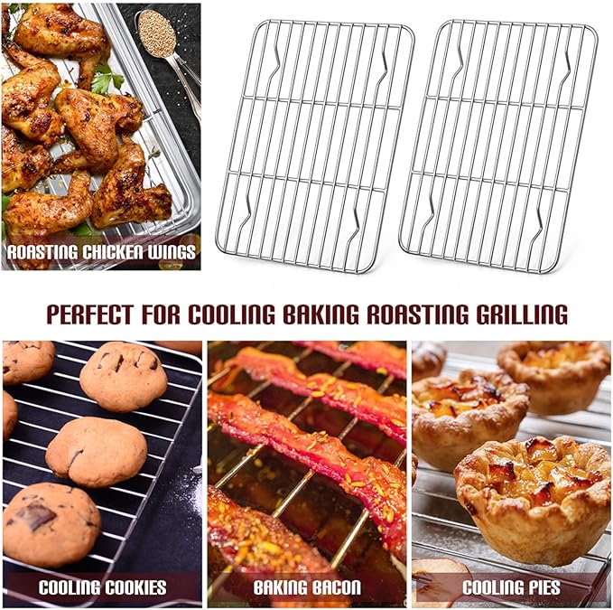 E-far Small Baking Cooling Rack Set of 2, Stainless Steel Metal Roasting Cooking Racks, Size - 9.7"x7.3", Non Toxic & Rust Free, Fit for Toaster Oven, Dishwasher Safe