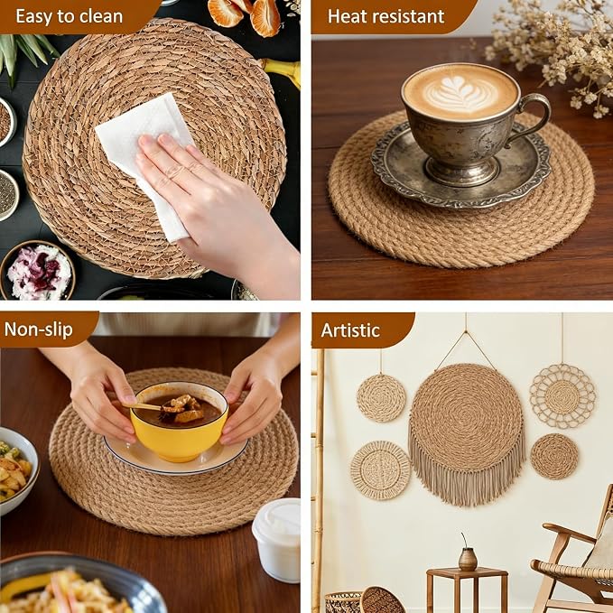 Round Woven Rattan Placemats, Handmade Natural Daffodil Pattern, Bohemian Style, Ideal for Gatherings, Outdoor Picnics, Weddings (Set of 6, 12 Inches Each)