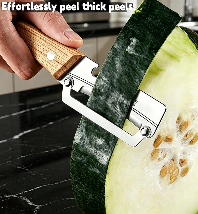 Maxjoy Multifunctional Vegetable Peeler, Zero Flex & Zero Snag, Stainless Steel with Wooden Handle, 2 in 1 Peeler with Bottle Opener for Potato Apple Carrot Fruit