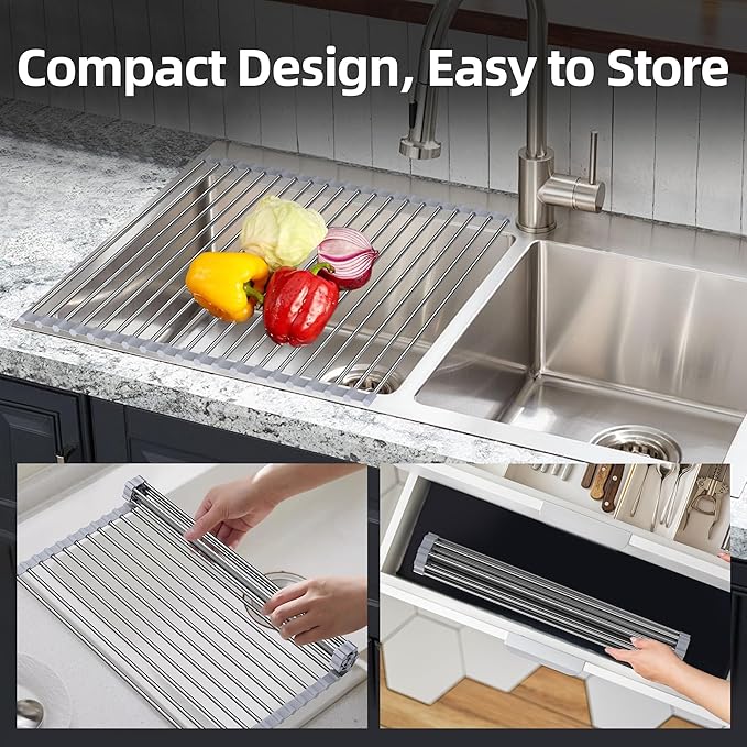 Over Sink Dish Drying Rack, 17" L x 11.8" W, Roll Up Dish Drying Rack for Kitchen, Gray