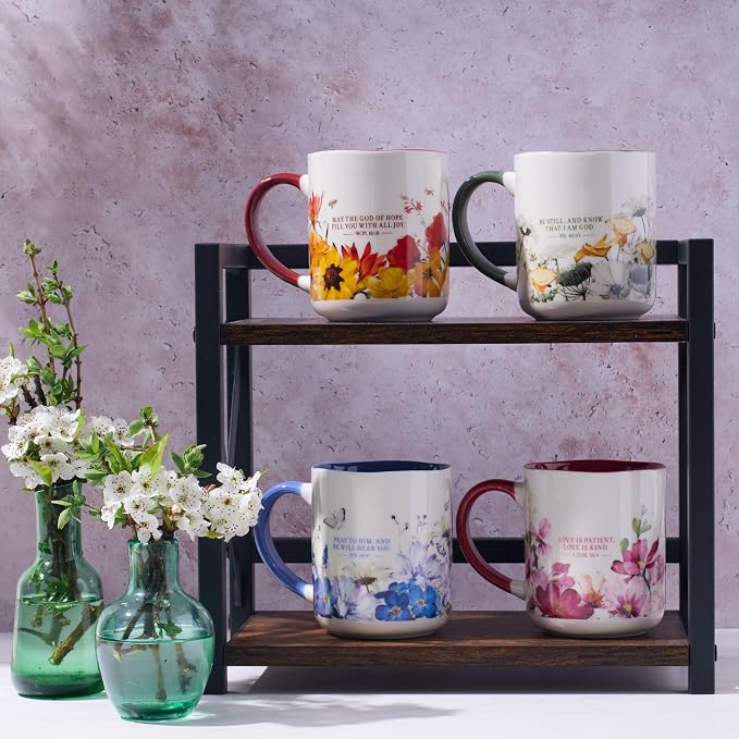 Christian Art Gifts Novelty Inspirational Scripture Ceramic Coffee & Tea Mug Set for Women: Love, Pray, Hope & Be Still, Multicolor Florals, Microwave & Dishwasher Safe Drinkware, Four 12 oz. Cups