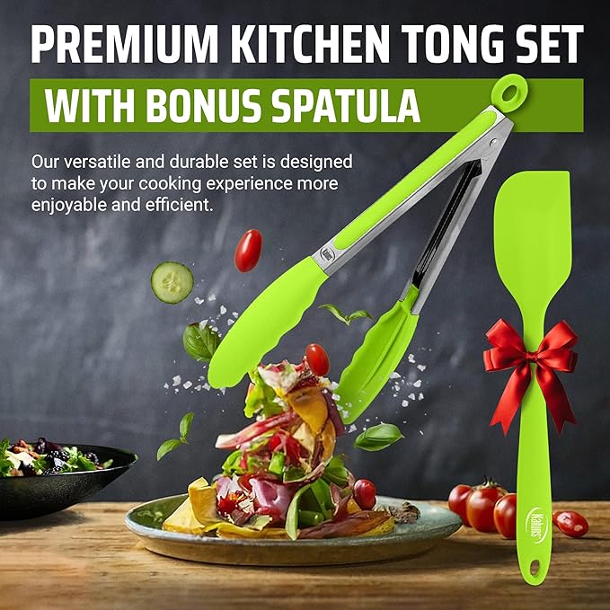 Kaluns Kitchen Tongs for Cooking Grilling Set of 4, BBQ Grill Tongs With Silicone Tip Stainless Steel Heat Resistant, Non-stick Pull Lock, Incl 7, 9, 12 Inch Tong Plus a Silicone Spatula