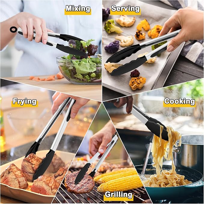 TeamFar Kitchen Tongs, 9" and 12" Stainless Steel Cooking Tongs with Silicone Tips for Cooking Grilling Serving & BBQ, Heat Resistant Silicone Tongs, Locking Design & Dishwasher Safe, Set of 2 & Black