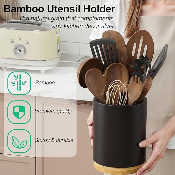 ZUJJAFY Black Utensil Holder, 360° Rotating Kitchen Utensil Holder for Counter, 7.2" Large Cooking Utensil Crock for Countertop, Bamboo Utensils Organizer for Cooking Spatula Storage