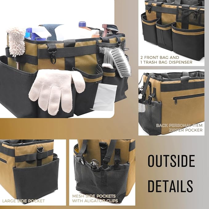 SCAVATA Wearable Cleaning Caddy Organizer with Handle & Shoulder Straps for Housekeepers, Under Sink & Car Cleaning Tool Organizer Bag with 4 Foldable Dividers (Tan)