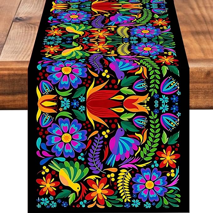 Mexican Pattern Table Runner Burlap Seasonal Kitchen Dining Linen Table Decoration for Indoor Outdoor Home Party Dinner 13x72 Inch