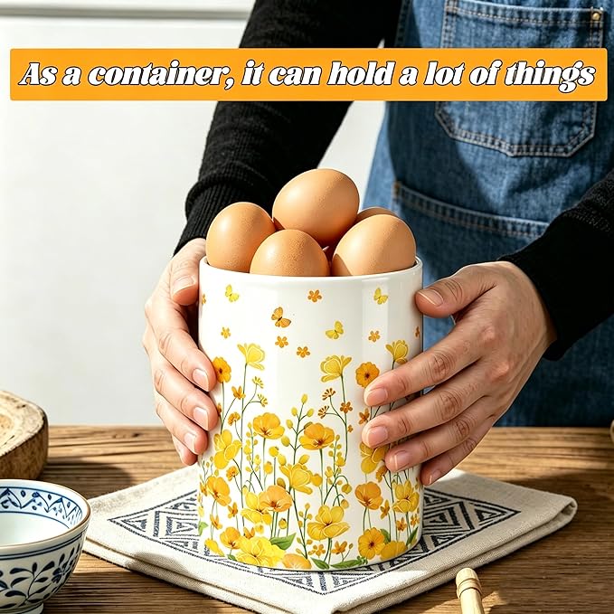 Yellow Flowers Utensil Holder, Ceramic Kitchen Utensil Holder, Utensil Crock for Home Kitchen Countertop Storage Organizer Container, Large Holder for Spatulas, Spoons, Kitchen Counter Decor, 6"