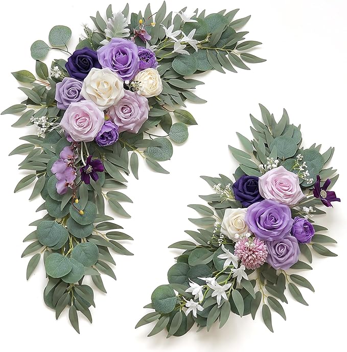 Olalaka Faux Flower Swag Set of 2 for Wedding Welcome Signs Floral Decorations, Purple Wedding Arch Flowers for Wedding Ceremony (Lilac & Purple & Cream)