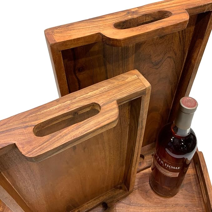 Set of 3 Acacia Wood Hors D'oeuvres Serving Trays with Side Handles– Perfect for Ottoman, Breakfast in Bed, Dinner, Coffee Table, Living Room, Bedroom, Entryway, and Kitchen