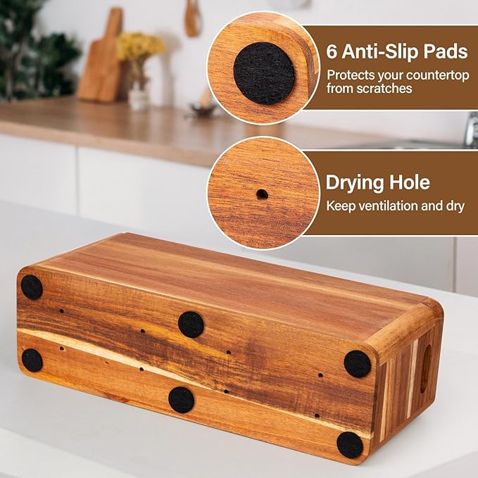 Extra Large Utensil Holder for Kitchen Counter, Acacia Wooden Utensil Holder with 4 Compartment, Kitchen Counter Organizer for Storage Spatula and Silverware, Ideal Christmas Gift for Farmhouse Decor
