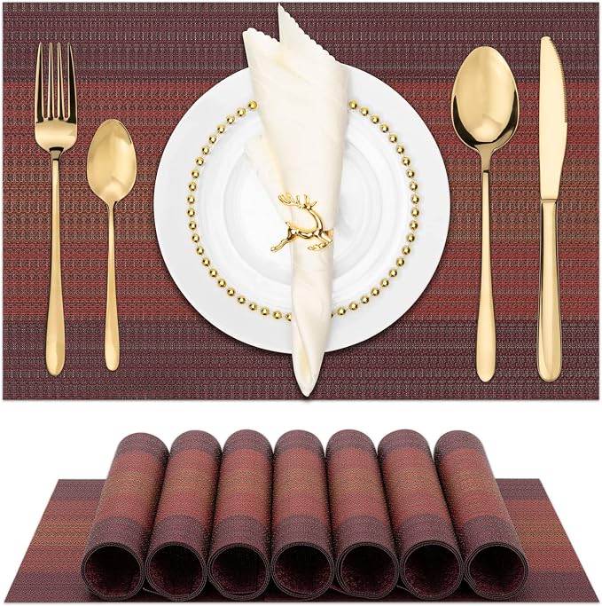 Winknowl Placemats Set of 8, Washable Vinyl Woven Placemats, Heat Resistant & Wipeable Table Mats for Kitchen Dining Table (Red)