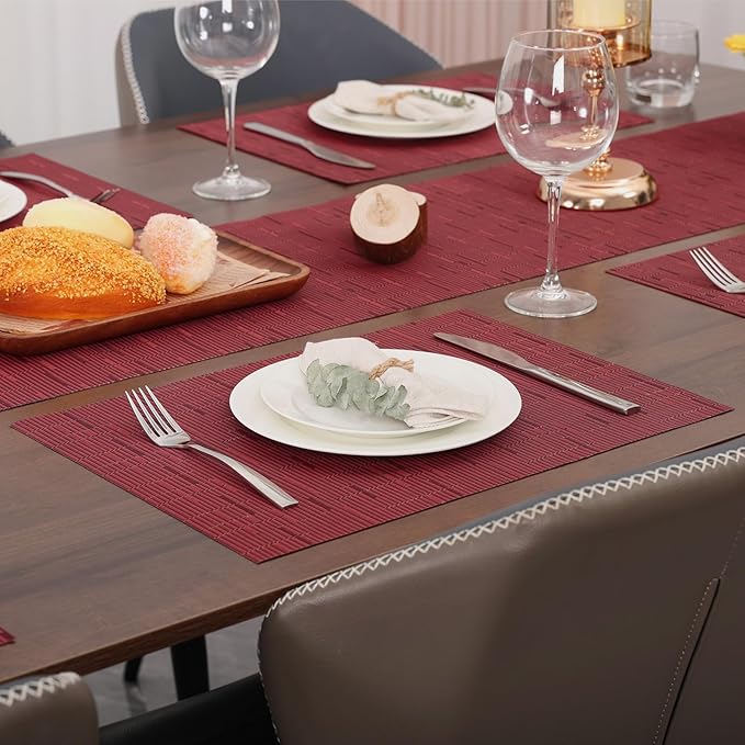 Myir JUN Placemats Set of 6, Vinyl Woven Placemats Place Mats Indoor Washable Table Mats Non-Slip Place mats for Dining Table (Red, Set of 6)